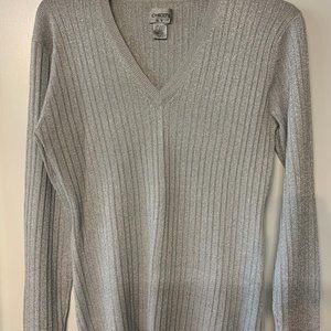 Chico's V-Neck Silver Metallic Sweater Size 1